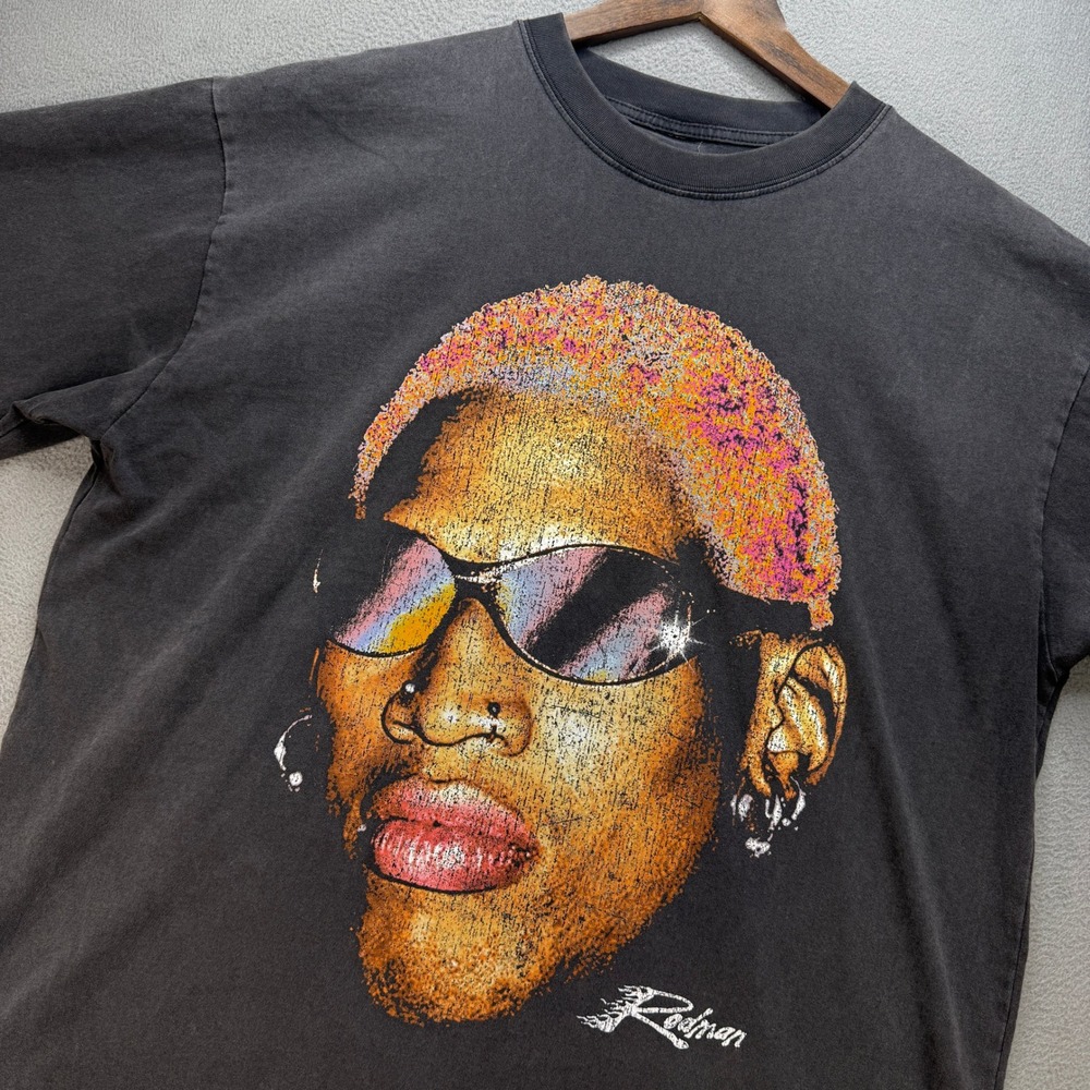 Dennis Rodman Graphic Print T-Shirt Mens XL Black Cotton Faded Tee Streetwear